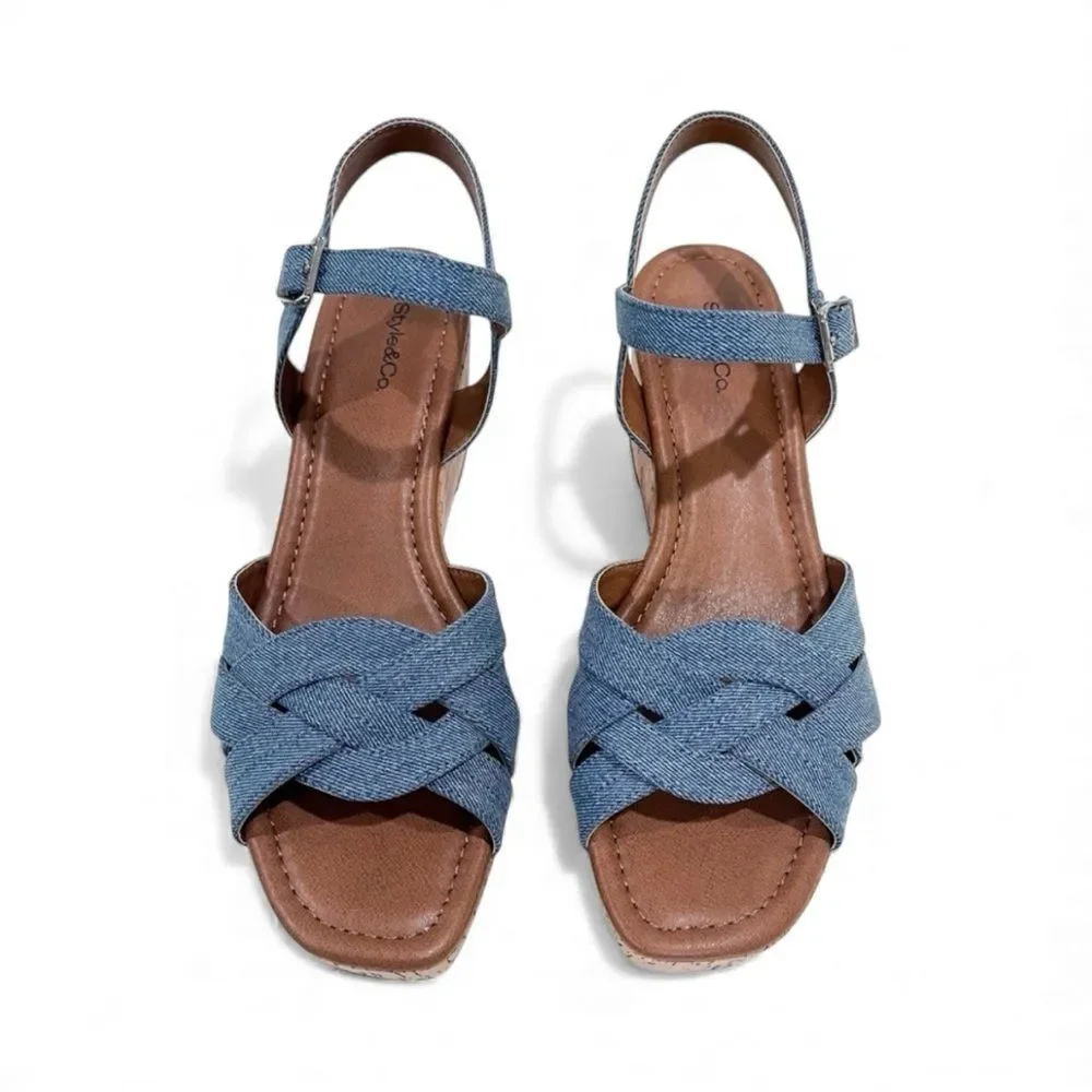 Style & Co Cerres Espadrille Wedge Sandals Denim Cork Buckle Strap Blue 9.5 NEW